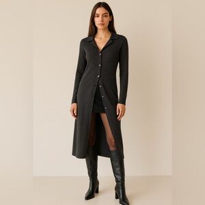 Long Black Button-Front Ribbed Cardigan Sweater